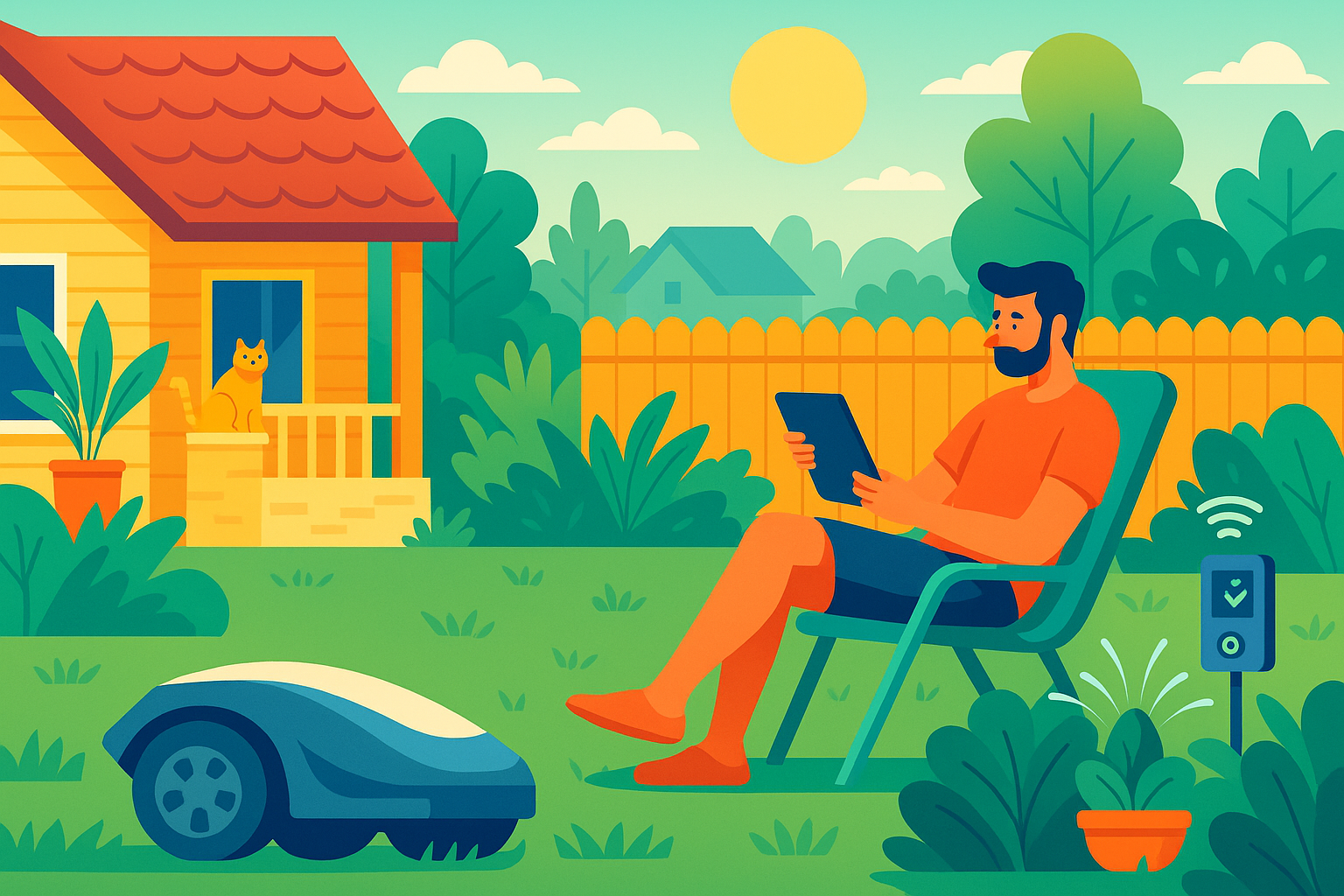 Illustration of a man using a tablet in his backyard with smart home technology, including a robotic lawn mower and automated sprinkler, near a yellow house with a cat on the porch.