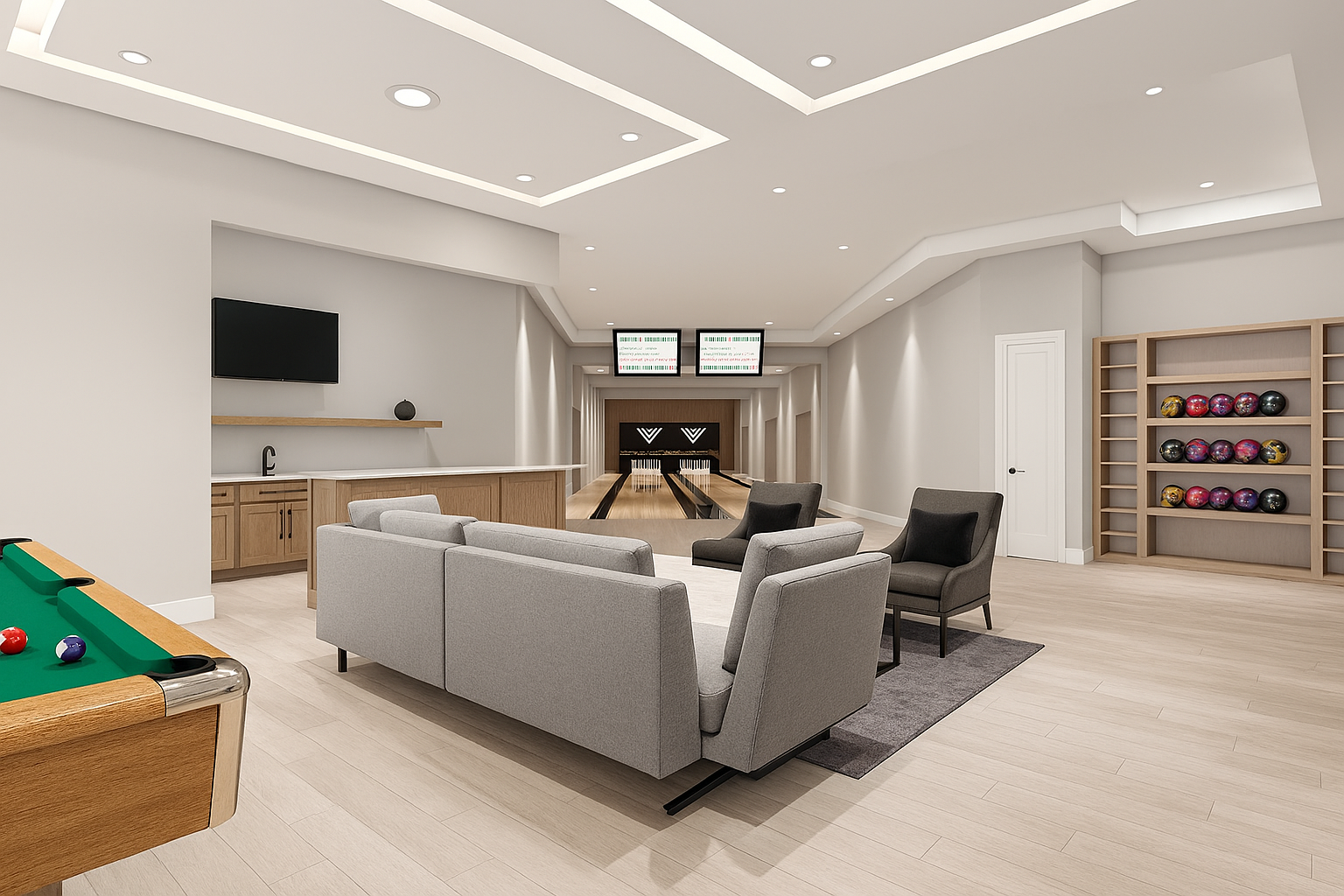 Modern luxury home entertainment space featuring a private bowling alley, pool table, and cozy seating area with a sleek bar - a top summer home trend gaining buyer interest.