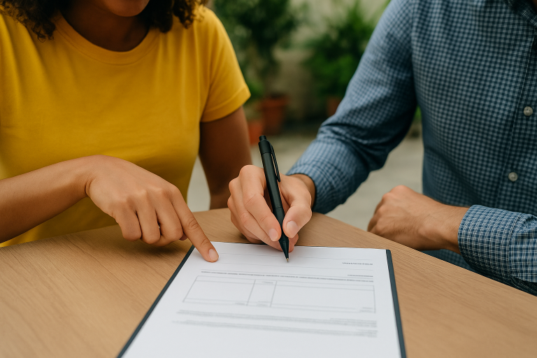 Clients reviewing and signing a real estate contract outdoors, representing a home purchase in Westwood MA