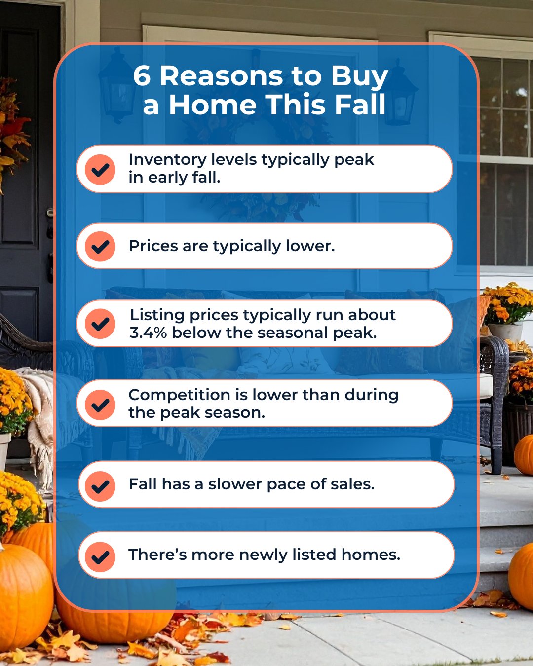 Graphic with six reasons to buy a home this fall, including higher inventory, lower prices, reduced competition, slower pace of sales, and more newly listed homes.