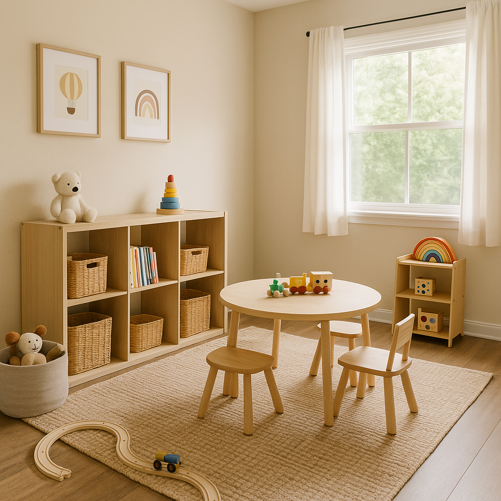 A bright, versatile playroom/bonus space in a home, featuring open shelving with toys and books, a cozy reading corner, a small desk area, neutral colors with playful accents, and natural light - a design that can grow with a child.