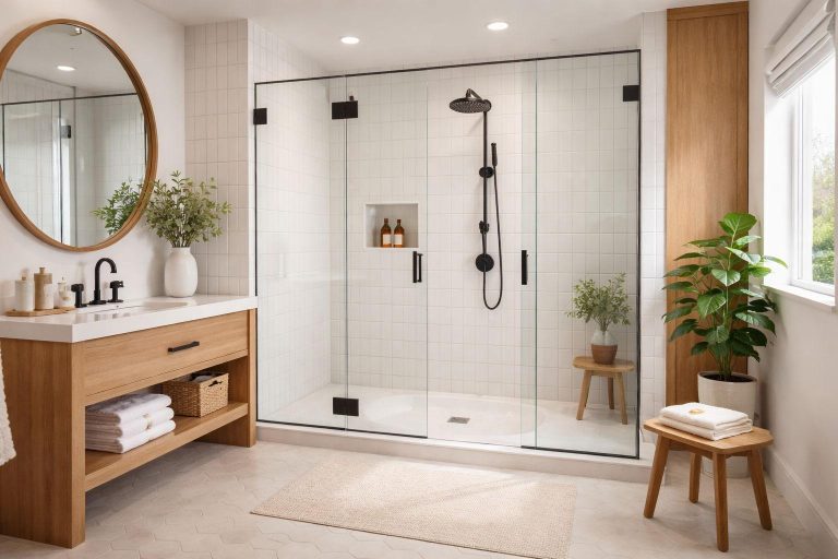 Modern bathroom with a wood vanity, frameless glass shower, round mirror, and natural light